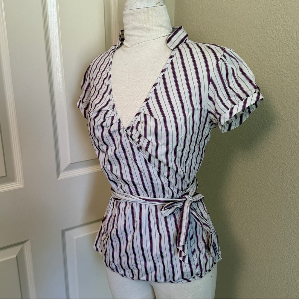 Express Studio purple striped cap sleeve wrap blouse M